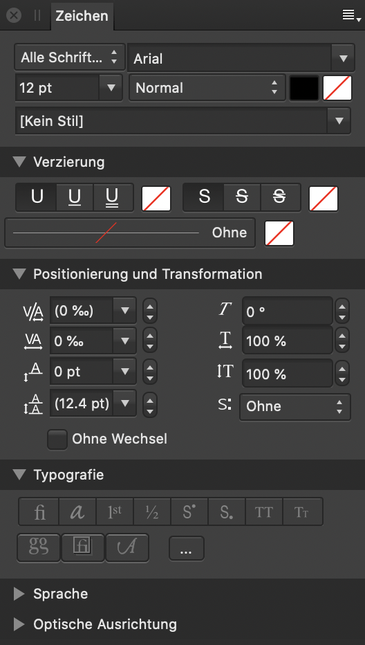 Das Panel "Zeichen"