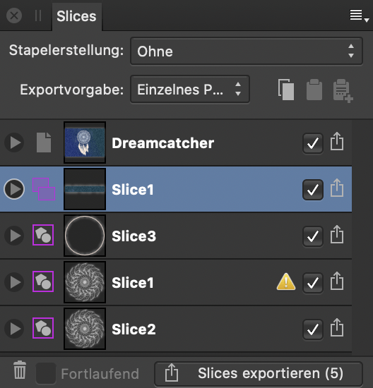 Das Panels "Slices" (Export Persona)