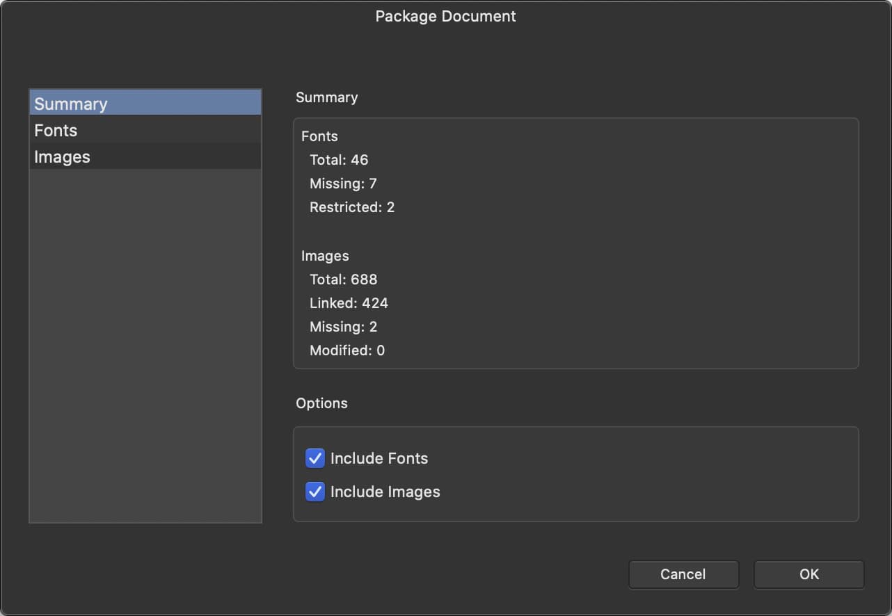 The Package Document dialog when creating a package.