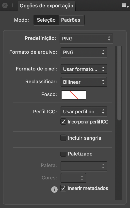 Painel Opções de exportação