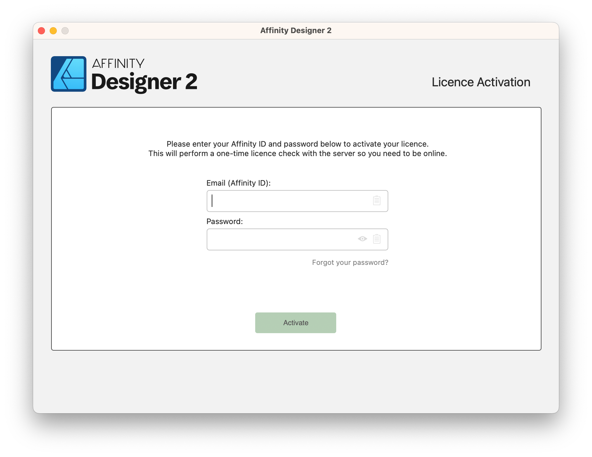 Product activation window.