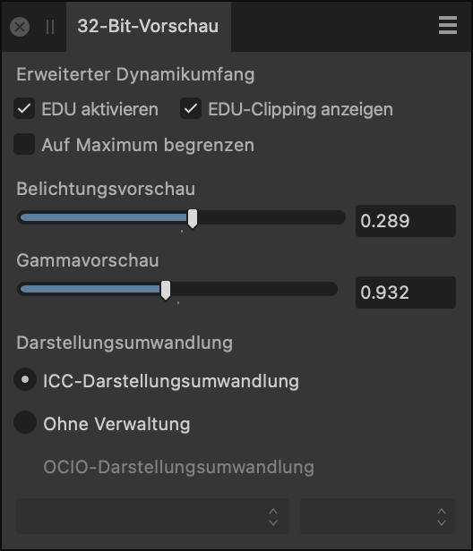 Das Panel für die 32-Bit-Vorschau