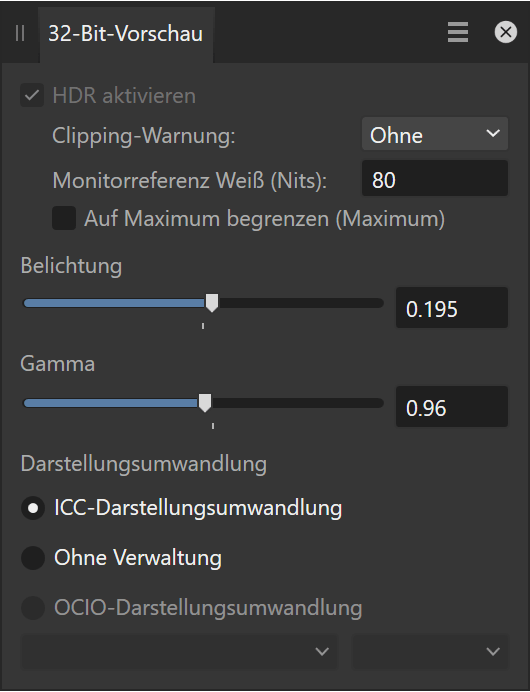 Das Panel für die 32-Bit-Vorschau