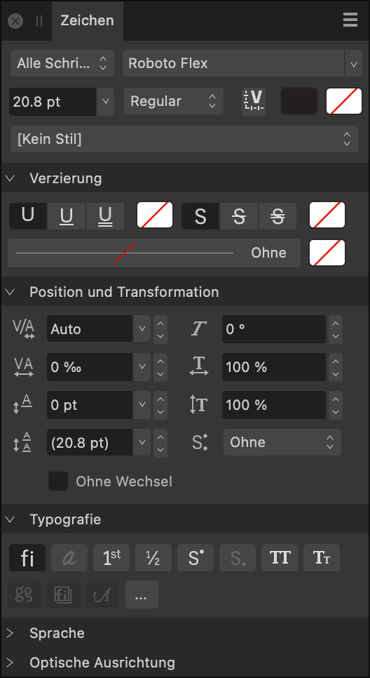 Das Panel "Zeichen"