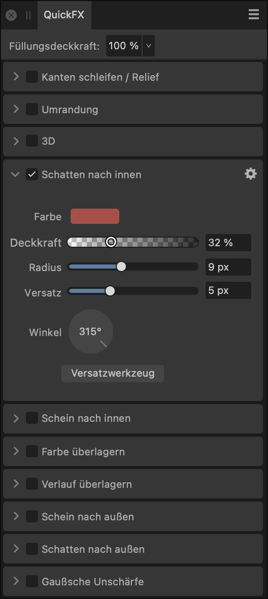 Das QuickFX-Panel