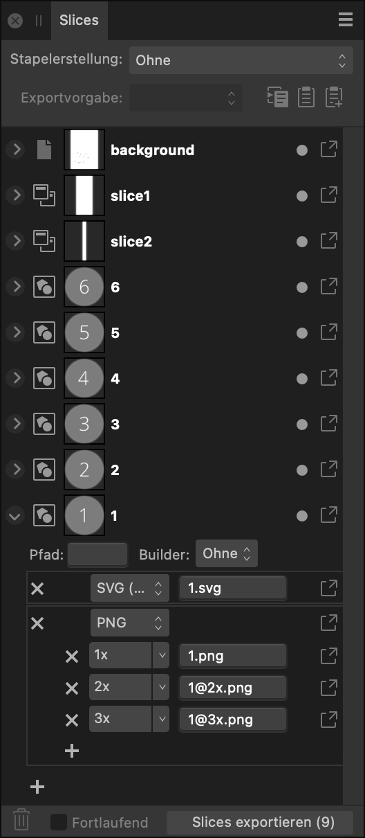 Das Panel "Slices" (Export Persona)