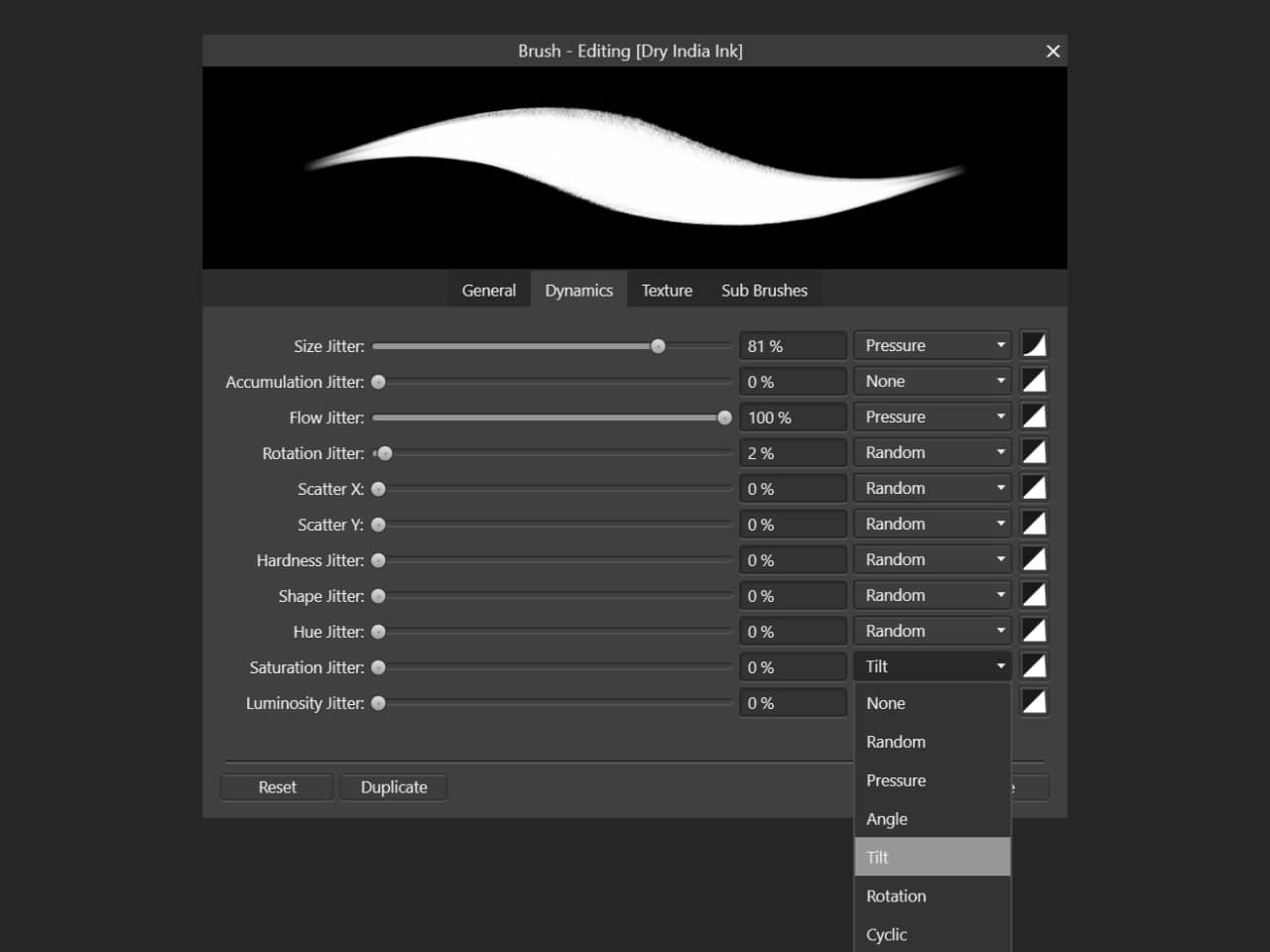 Brush dynamics settings