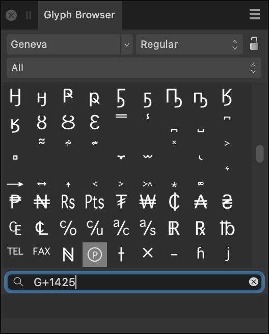 Glyph Browser panel