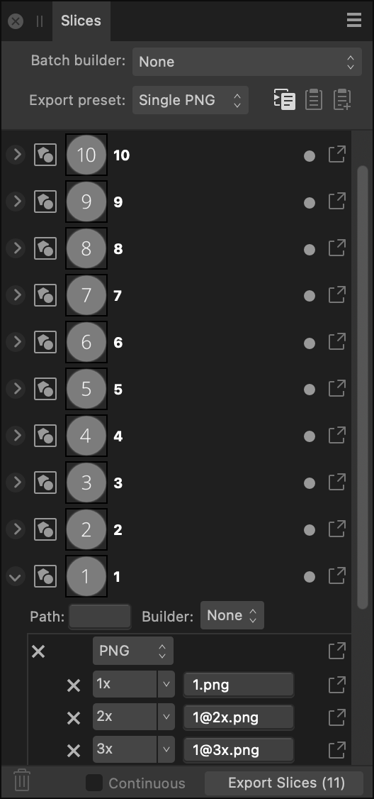 Slices panel (Export Persona)