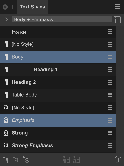 Text Styles panel