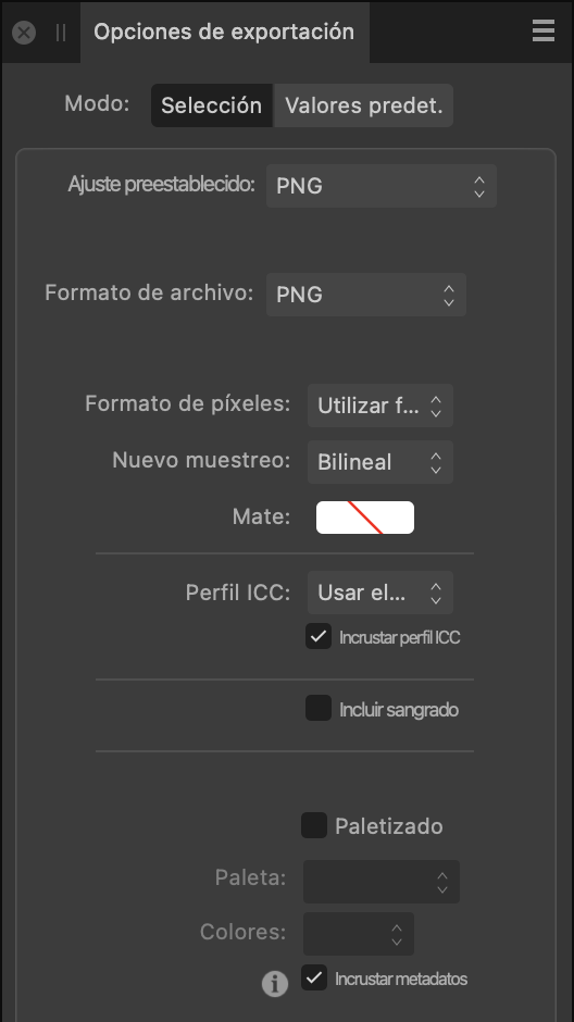 Panel Opciones de exportación