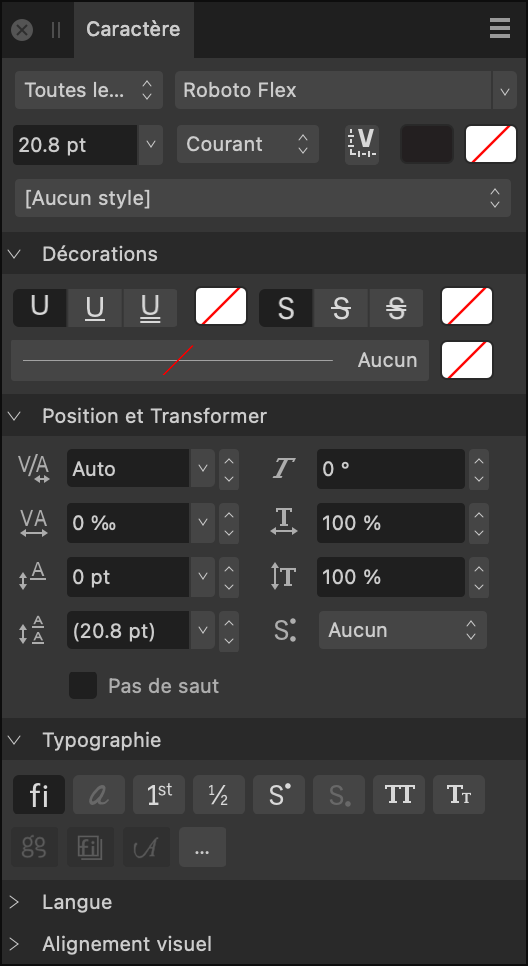 Sous-fenêtre Caractère