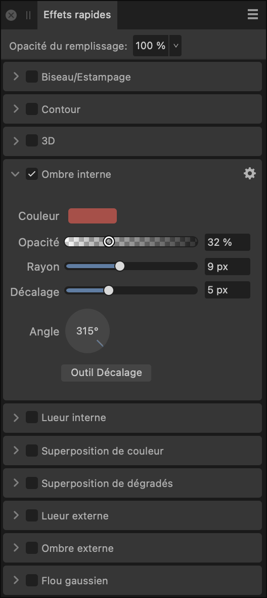 Sous-fenêtre Effets rapides