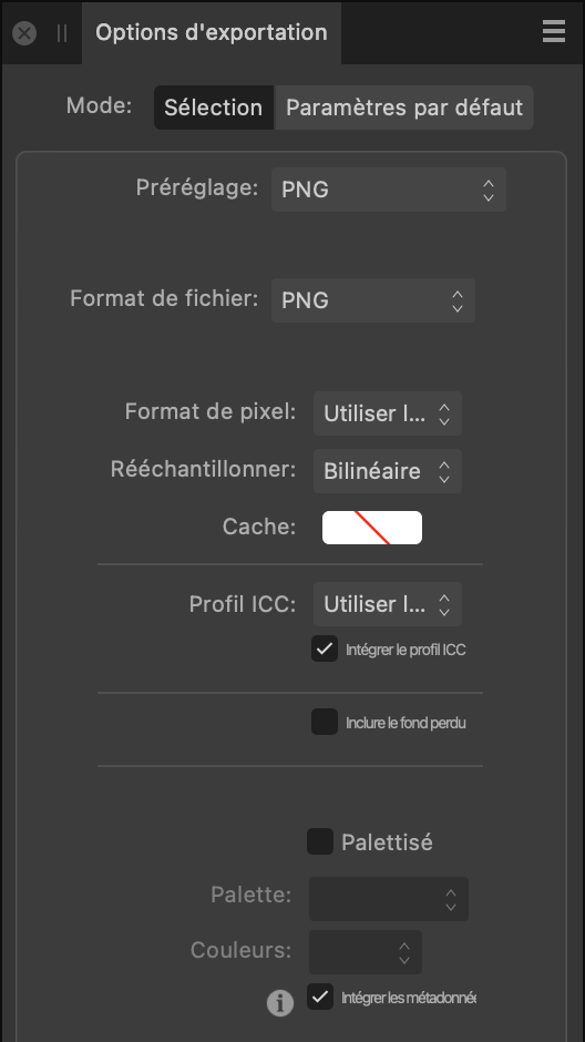 Sous-fenêtre Options d’exportation