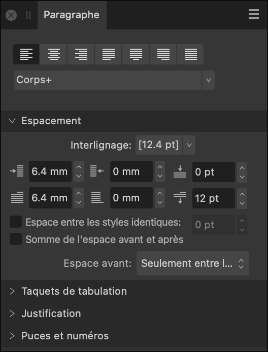 Sous-fenêtre Paragraphe