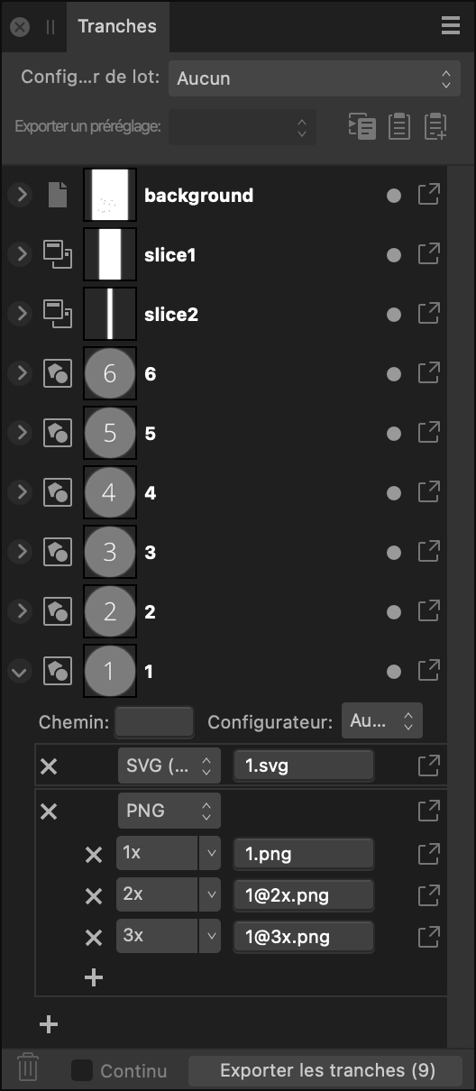 Sous-fenêtre Tranches (Export Persona)