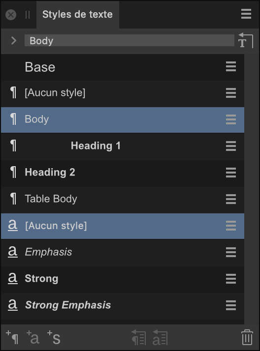 Sous-fenêtre Styles de texte