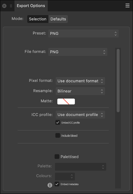 Export Options panel in Export Persona