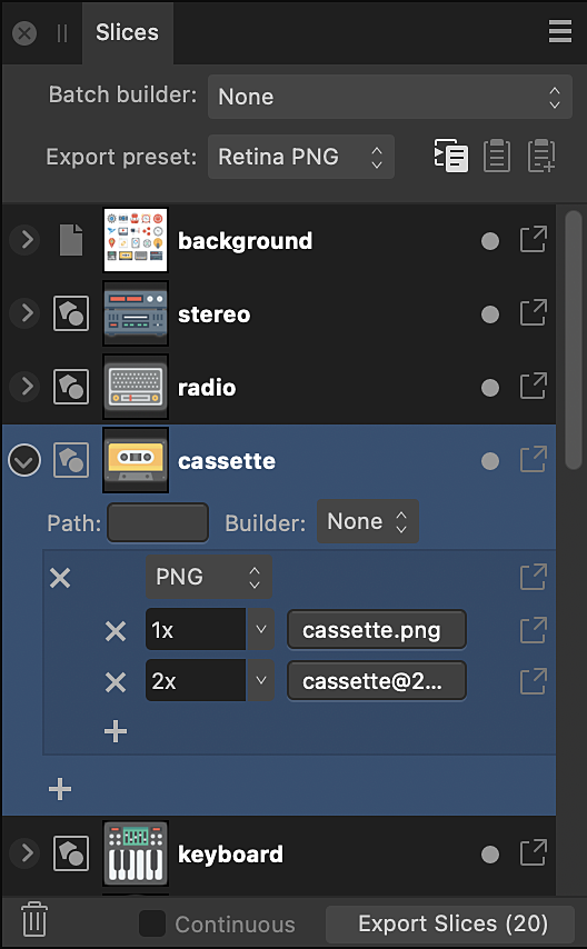 Slices panel in Export Persona