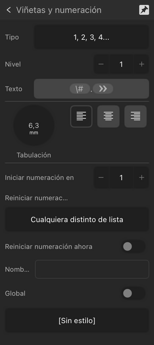 Sección Viñetas y numeración ampliadas