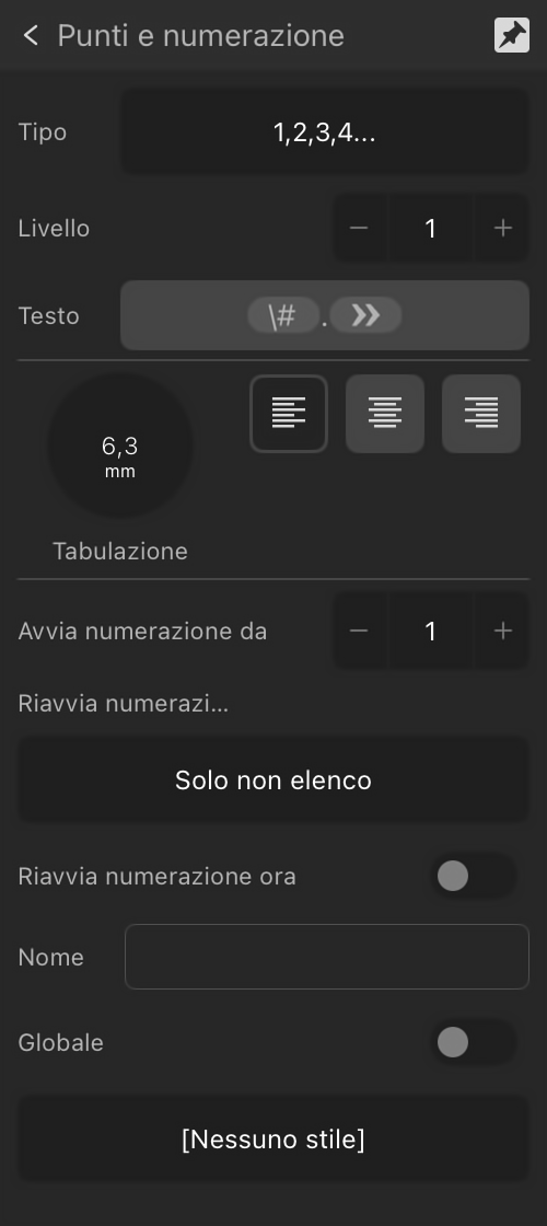 Sezione Punti e numerazione espansa: