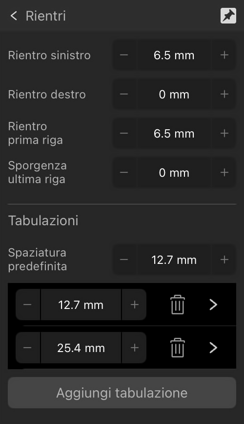 Sezione Rientri e Tabulazioni espansa