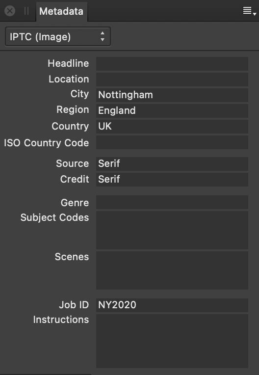 Metadata panel showing IPTC fields describing image contents, source and credit