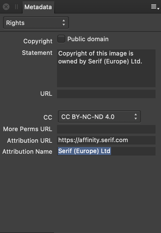 Metadata panel showing rights information about an image