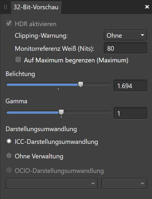 Das Panel für die 32-Bit-Vorschau