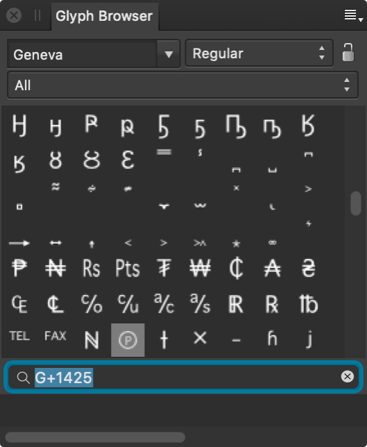 Glyph Browser panel