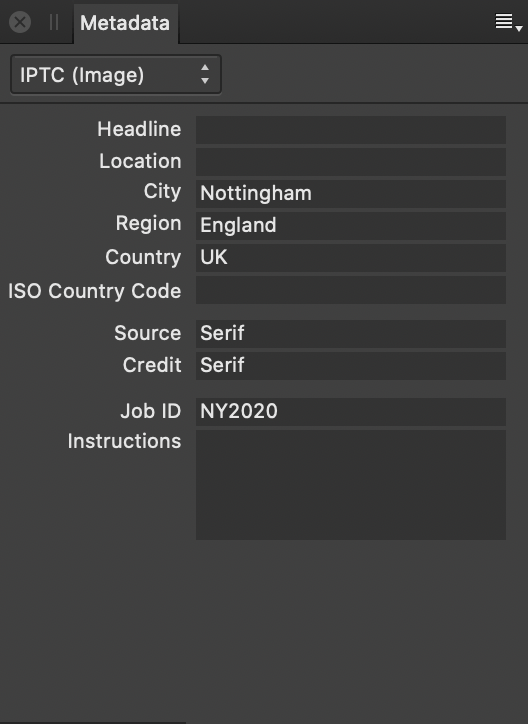 Metadata panel showing IPTC fields describing image contents, source and credit