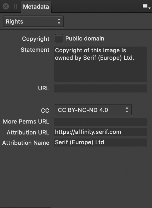 Metadata panel showing rights information about an image