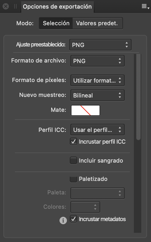 Panel Opciones de exportación