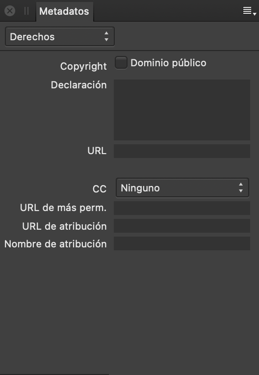 Panel Metadatos que muestra información de derechos sobre una imagen
