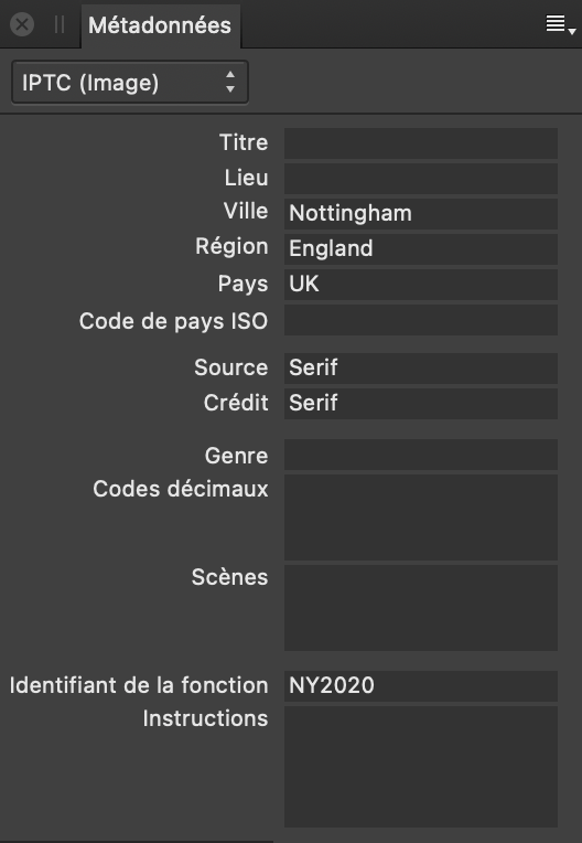 Sous-fenêtre Métadonnées affichant les champs IPTC décrivant le contenu de l’image, la source et le crédit