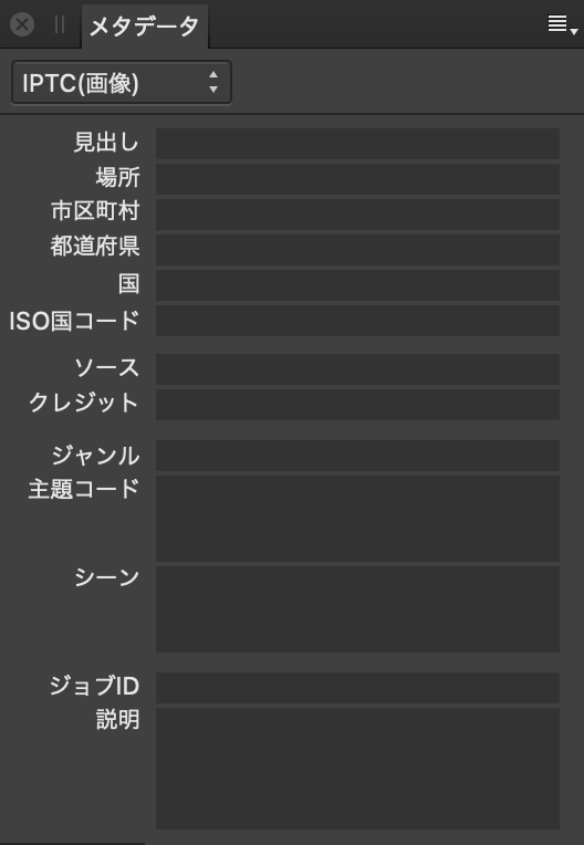 画像コンテンツ、ソース、クレジットを説明するIPTCフィールドを示すメタデータパネル