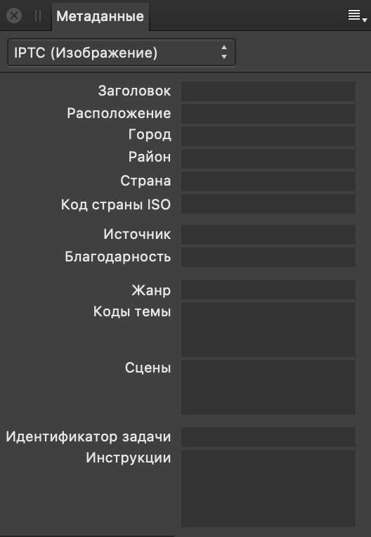 Панель «Метаданные» с полями IPTC и описанием содержимого изображения, источника и благодарности