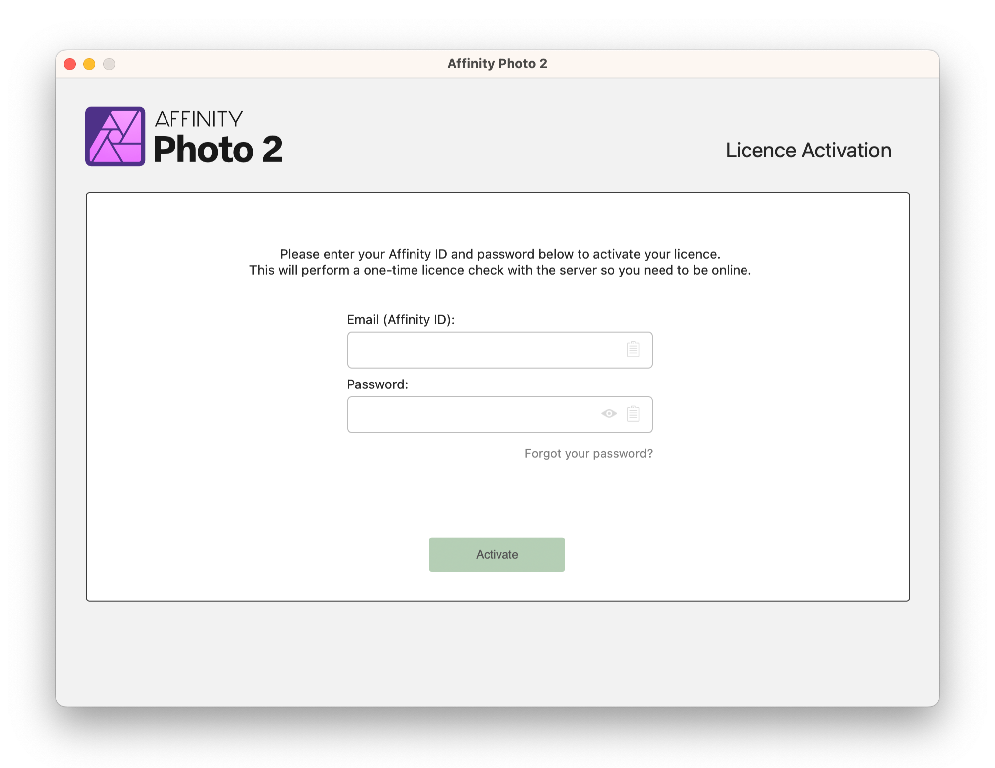 Product activation window.