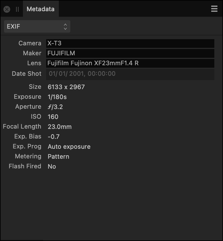 Metadata panel showing EXIF fields describing camera hardware and settings when an image was shot