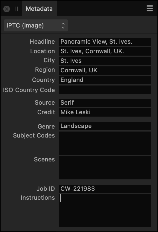 Metadata panel showing IPTC fields describing image contents, source and credit