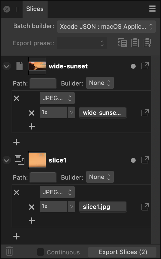 Slices panel (Export Persona)