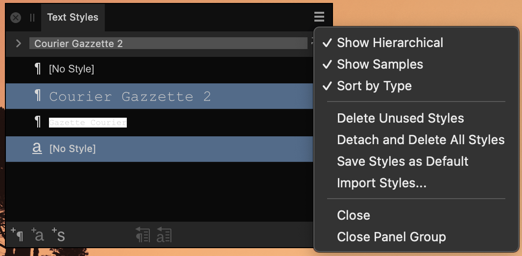 Text Styles panel