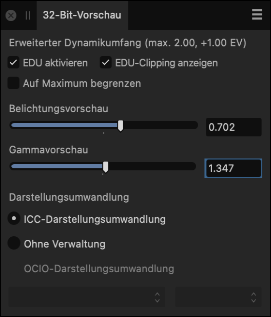 Das Panel für die 32-Bit-Vorschau