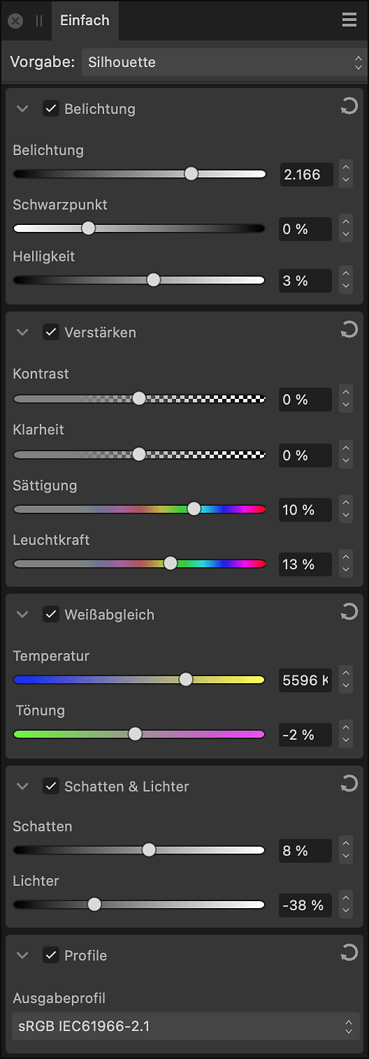 Das Panel "Einfach"