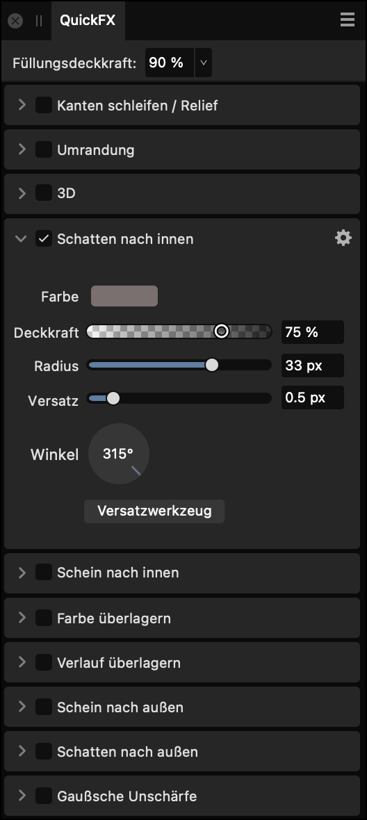 Das QuickFX-Panel