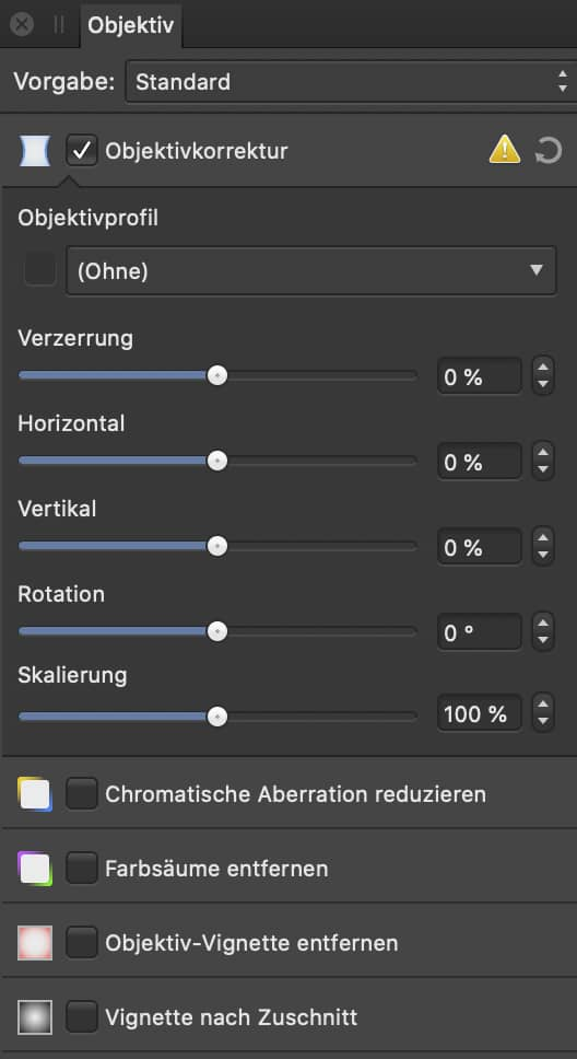 Das Panel "Objektiv"