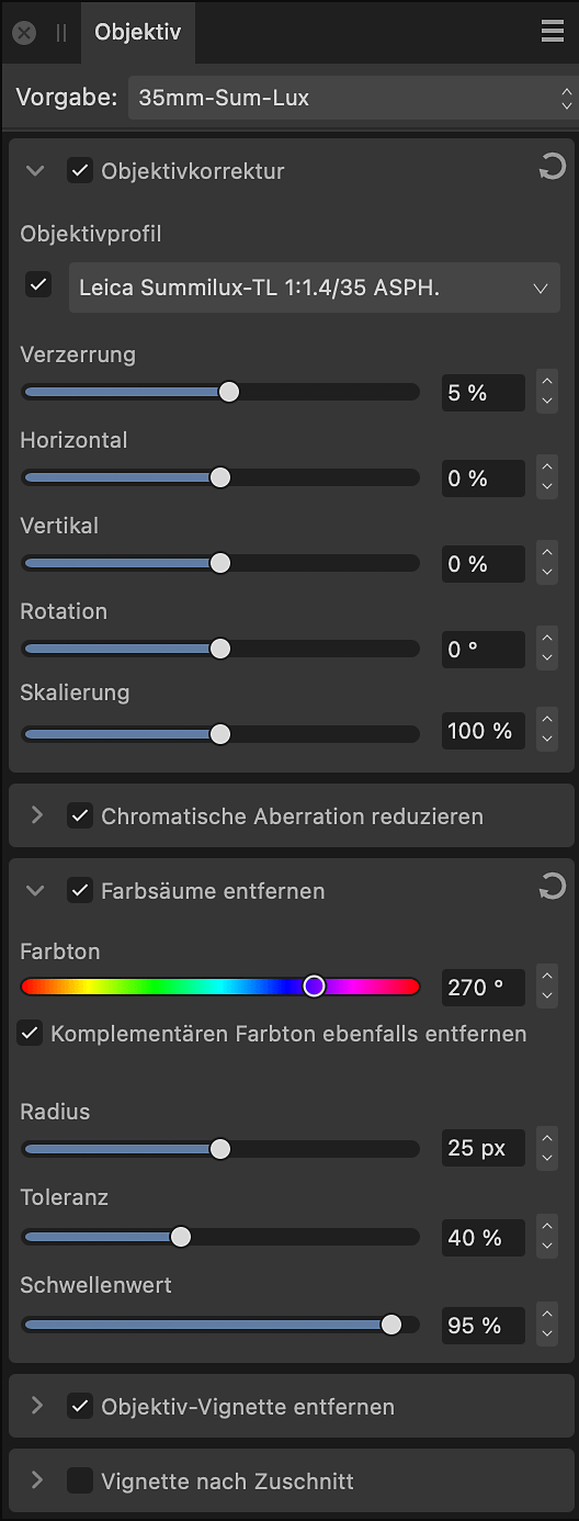 Das Panel "Objektiv"