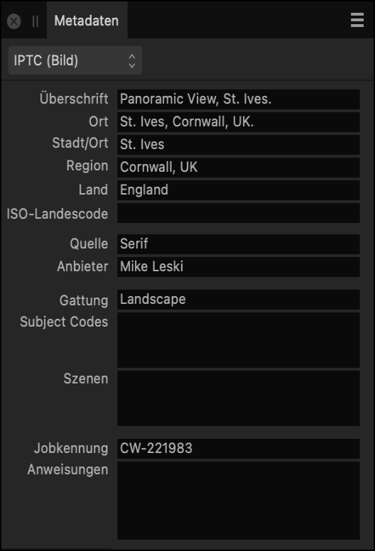 Das Panel für Metadaten mit IPTC-Feldern zu dem Bildinhalt, der Quelle und einem Urheberverweis.