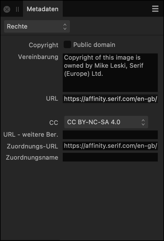 Das Panel für Metadaten mit rechtlichen Informationen über ein Bild.