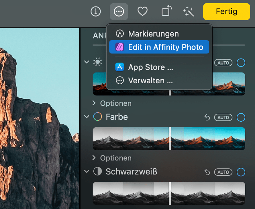 Die Erweiterung von Affinity Photo 2 für Apple Fotos